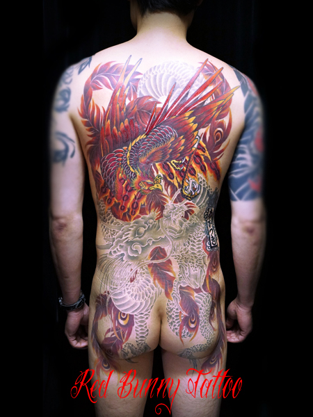 龍　鳳凰 刺青 和彫り 背中一面 タトゥーデザイン